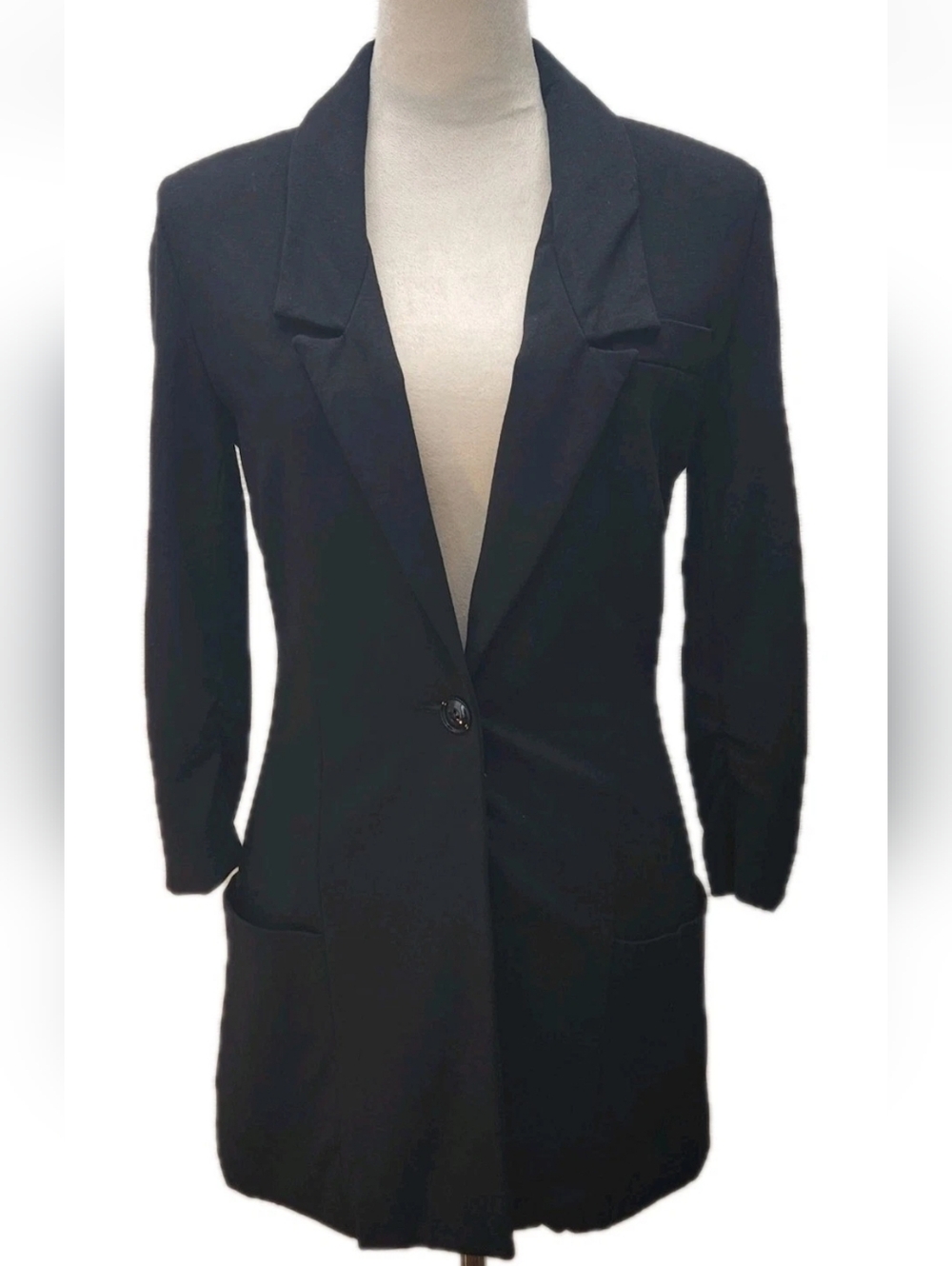Boston Proper Black Tailored Blazer Jacket Size 2 3/4 Sleeve Button Ruched Cuff